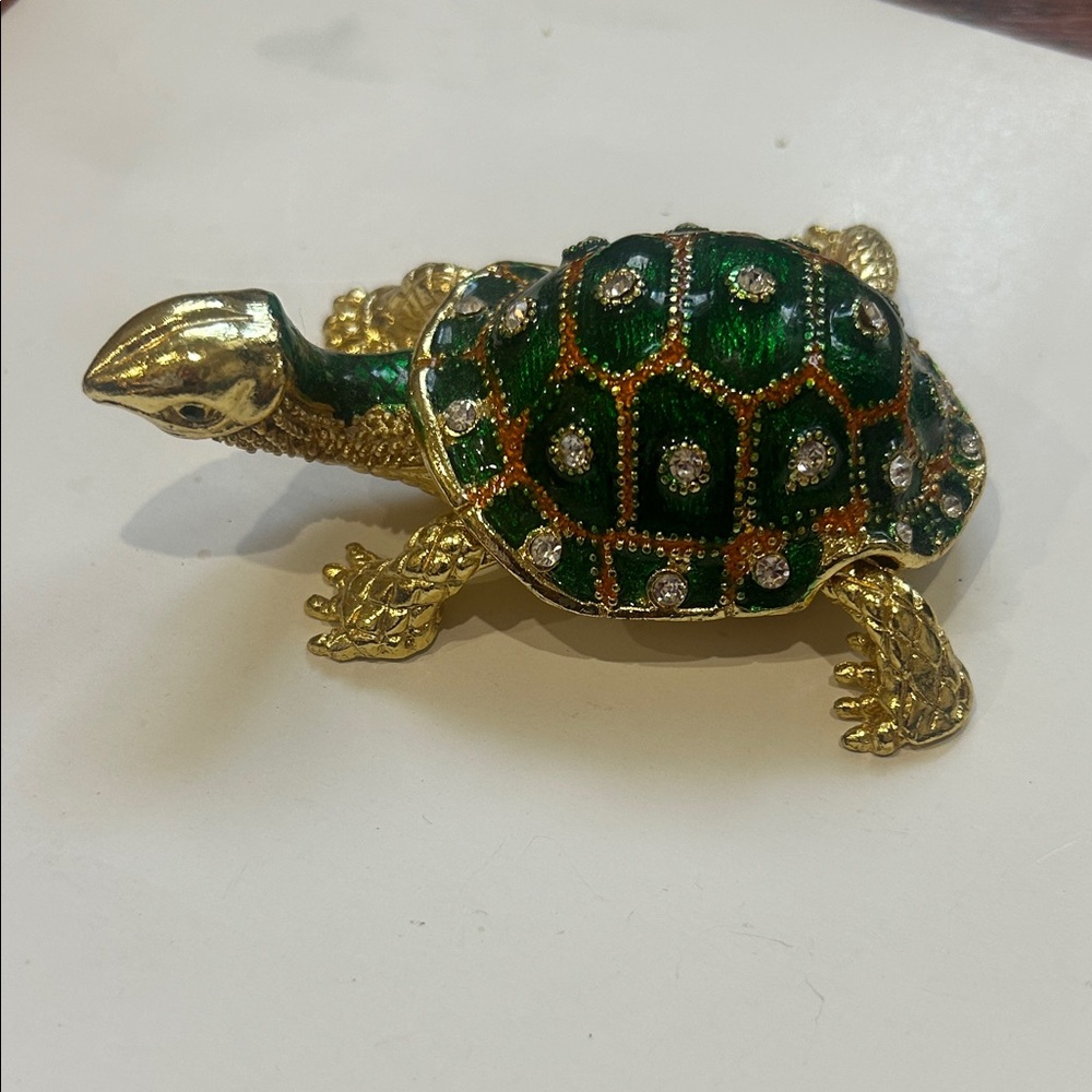 Gold and Green Turtle Figurine Tchotchke Jewelry Holder